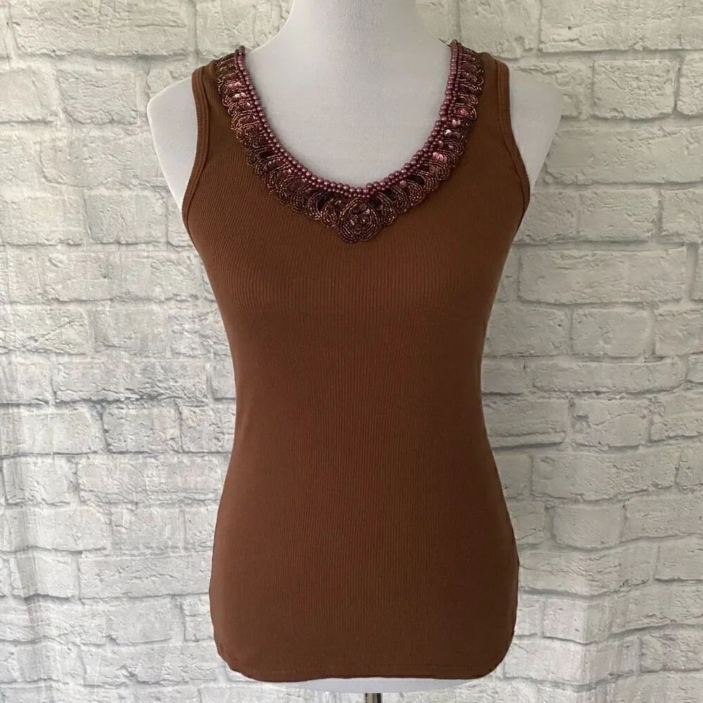 Forever 21 women L ribbed tank topโw/sequin and beadedโneckline